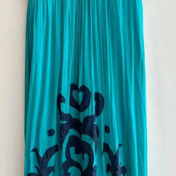 Miss Sixty Teal and Navy Blue Silk Gown Maxi Floral Dress, Size 4 - Picture 3 of 15